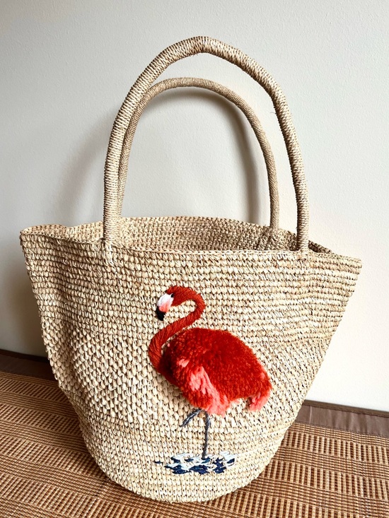 Handmade Handbags - Handmade Raffia Tote Bag with Embroidered Flamingo
